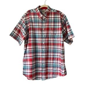 Cinch cotton short sleeve button down plaid shirt in multi red and blue. Size XL